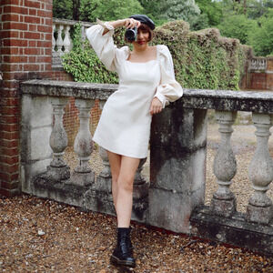 Ted‎ Baker Britnie Mini Dress Ivory White Linen Blend Blouson Sz 2 US (0 Ted)
